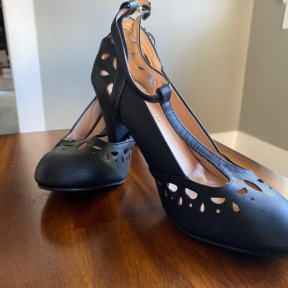 Black T-Strap Women’s Heels - Classic Cutout Design-vintage Inspired